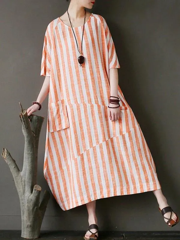 100% o neck patchwork cotton dress Tutorials orange striped Kaftan Dresses