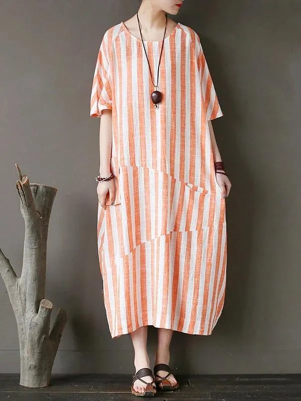 100% o neck patchwork cotton dress Tutorials orange striped Kaftan Dresses