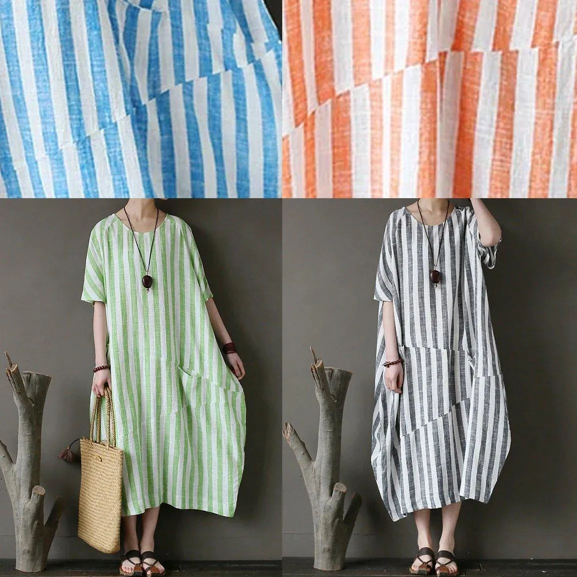 100% o neck patchwork cotton dress Tutorials orange striped Kaftan Dresses