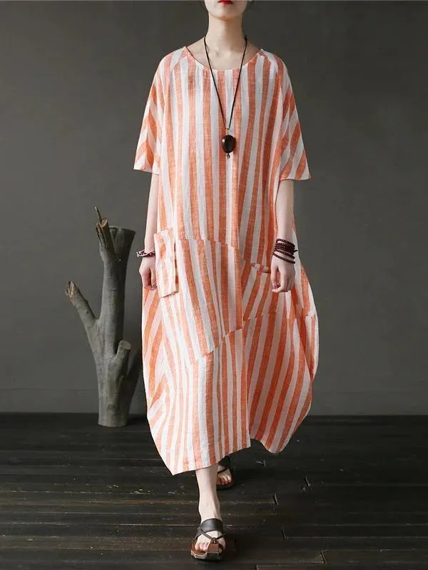 100% o neck patchwork cotton dress Tutorials orange striped Kaftan Dresses