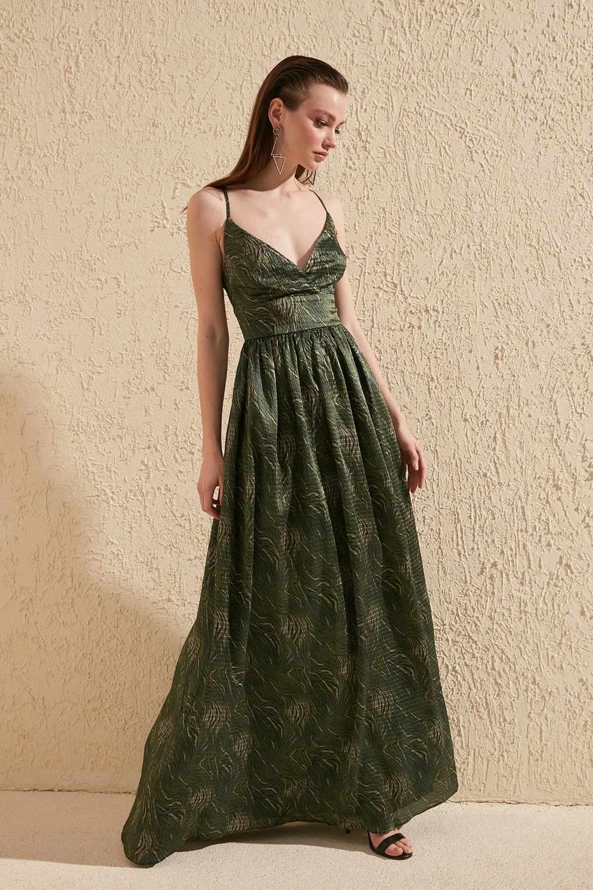 16447 Green Self Patterned Strap Dress