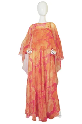 1960s Unlabelled Floral Chiffon Dress with Cape Overlay