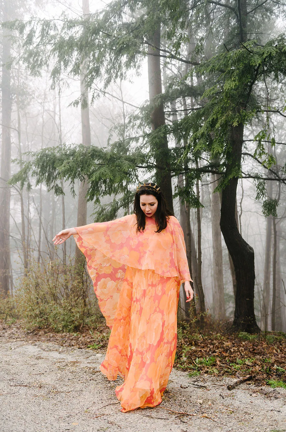 1960s Unlabelled Floral Chiffon Dress with Cape Overlay