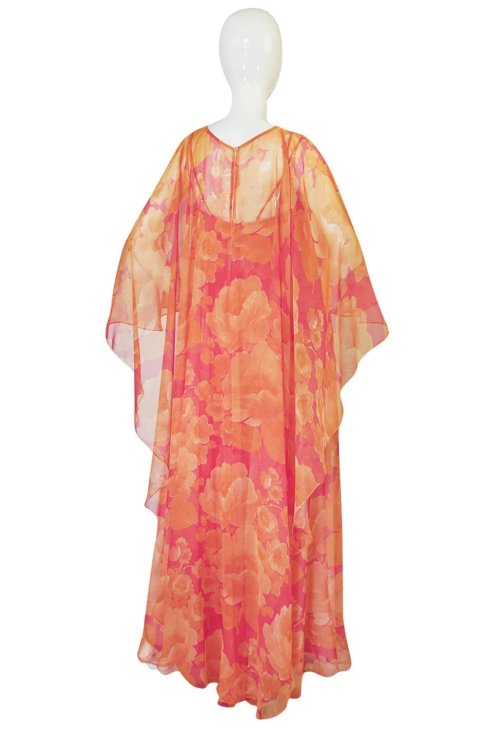 1960s Unlabelled Floral Chiffon Dress with Cape Overlay