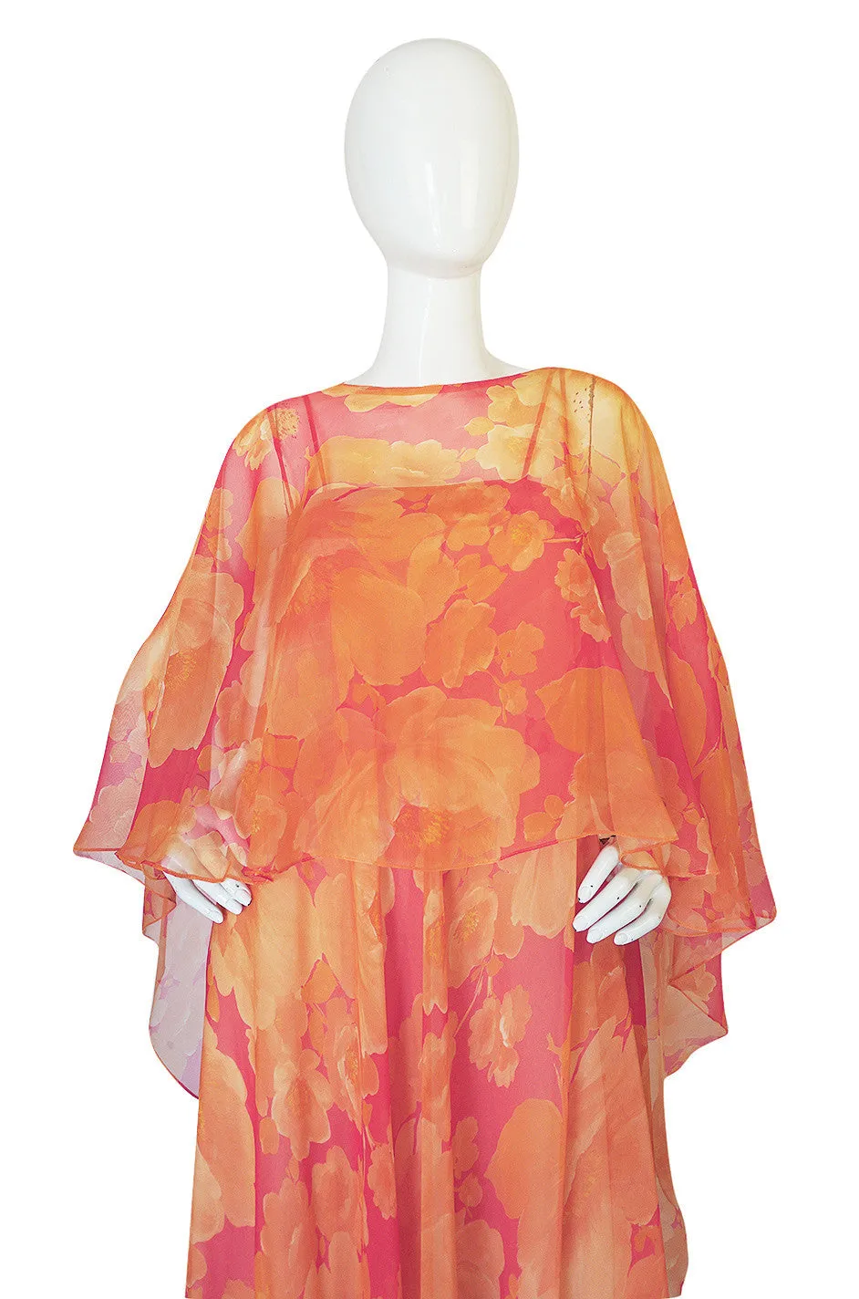 1960s Unlabelled Floral Chiffon Dress with Cape Overlay