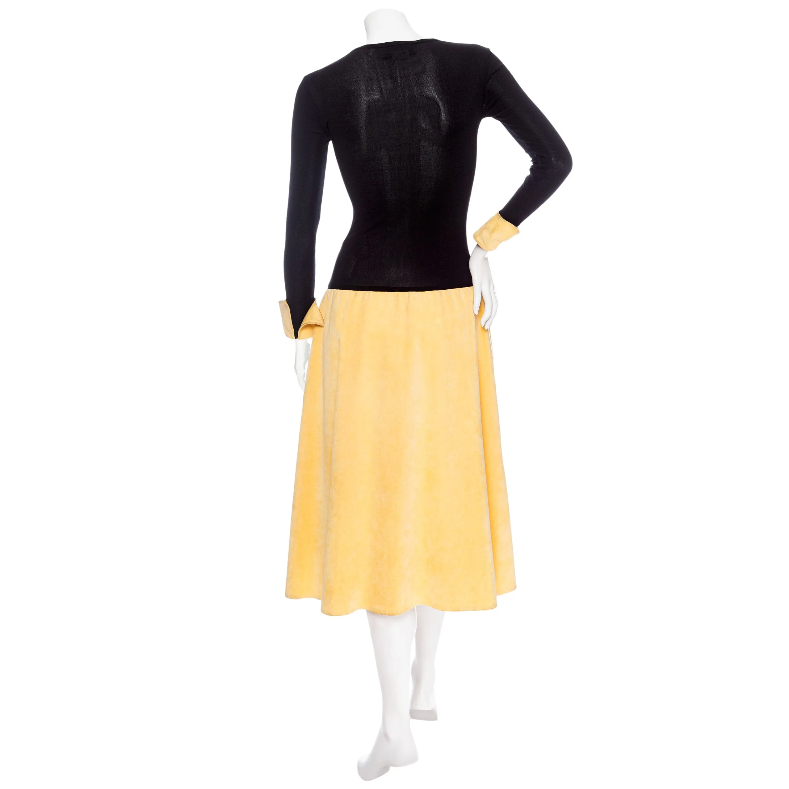 1970s Black Stretch Rayon and Yellow Suede Speed Suit Dress