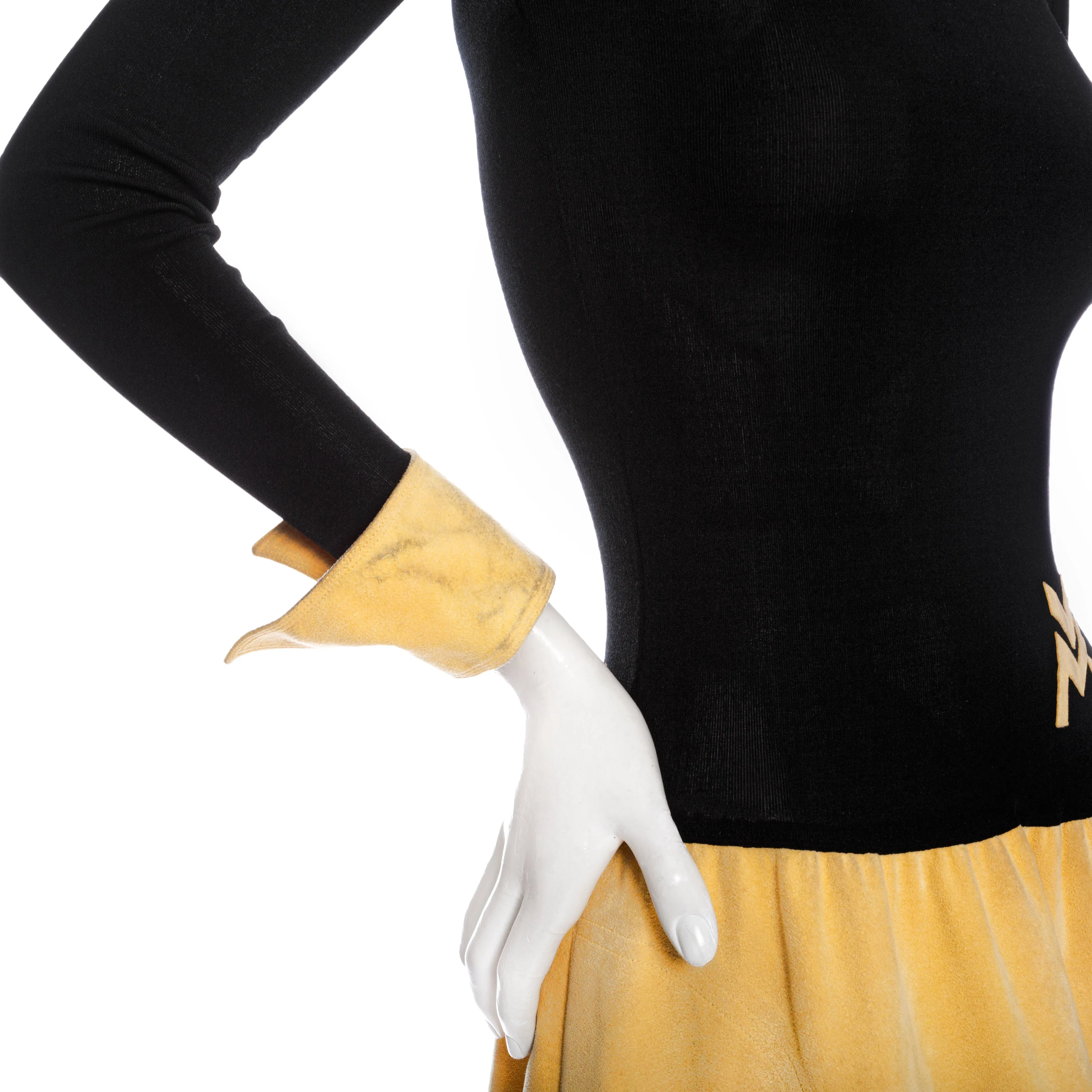 1970s Black Stretch Rayon and Yellow Suede Speed Suit Dress