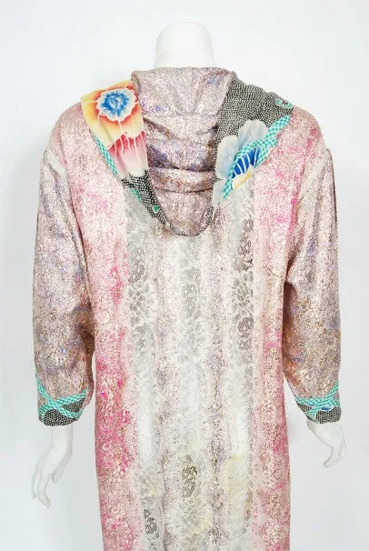 1970s Koos Van Den Akker Couture Metallic Lace & Colorful Cotton Hooded Dress