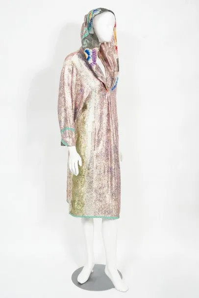 1970s Koos Van Den Akker Couture Metallic Lace & Colorful Cotton Hooded Dress