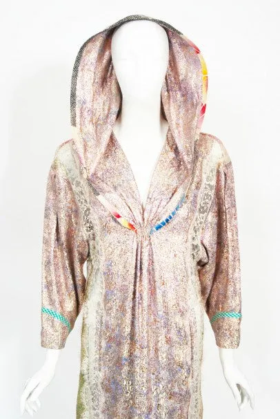 1970s Koos Van Den Akker Couture Metallic Lace & Colorful Cotton Hooded Dress