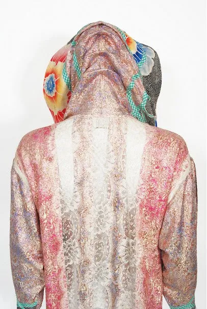 1970s Koos Van Den Akker Couture Metallic Lace & Colorful Cotton Hooded Dress