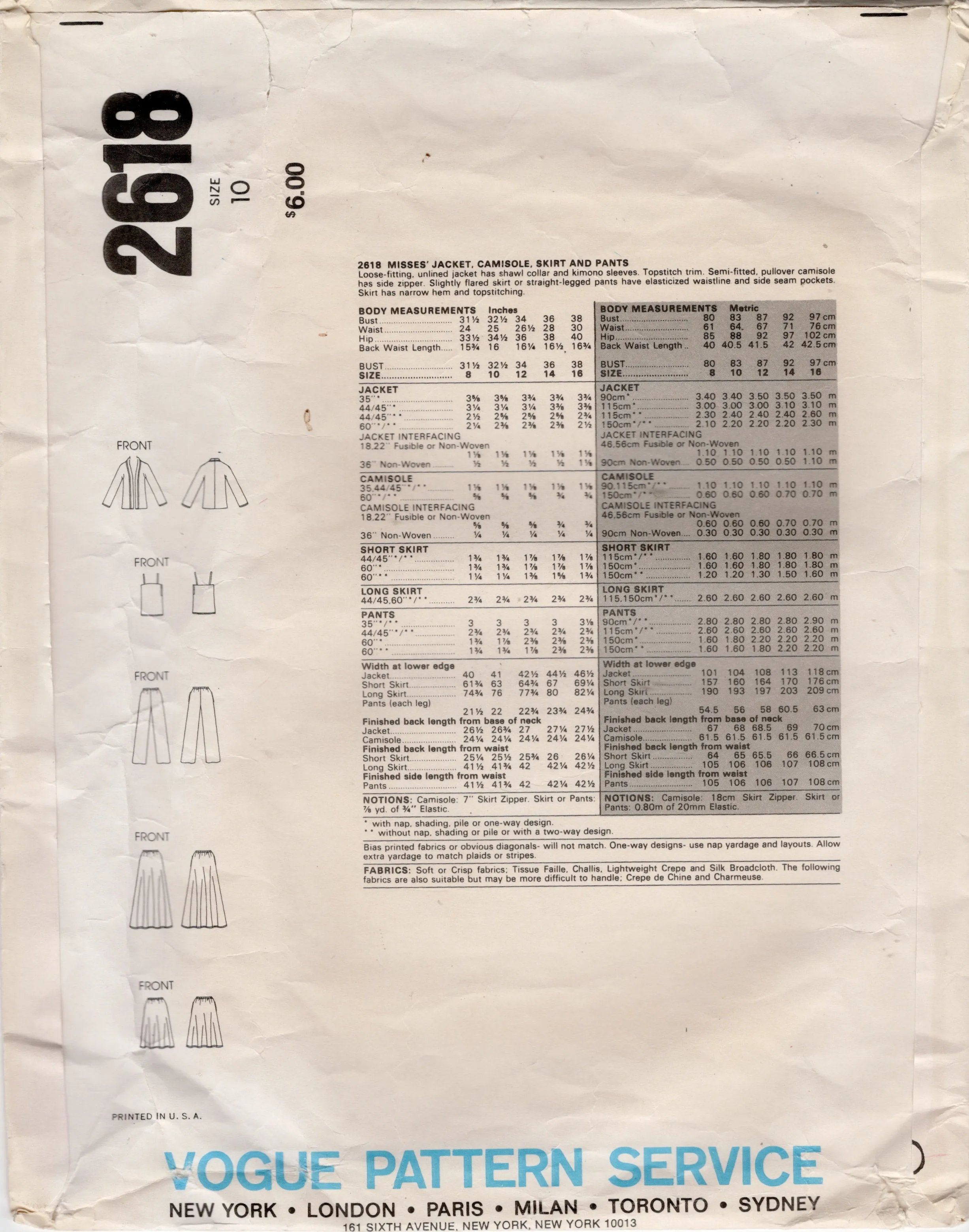 1980's Very Easy Vogue Unlined Jacket, Camisole, Flared Skirt and Pants pattern - Bust 32.5" - No. 2618