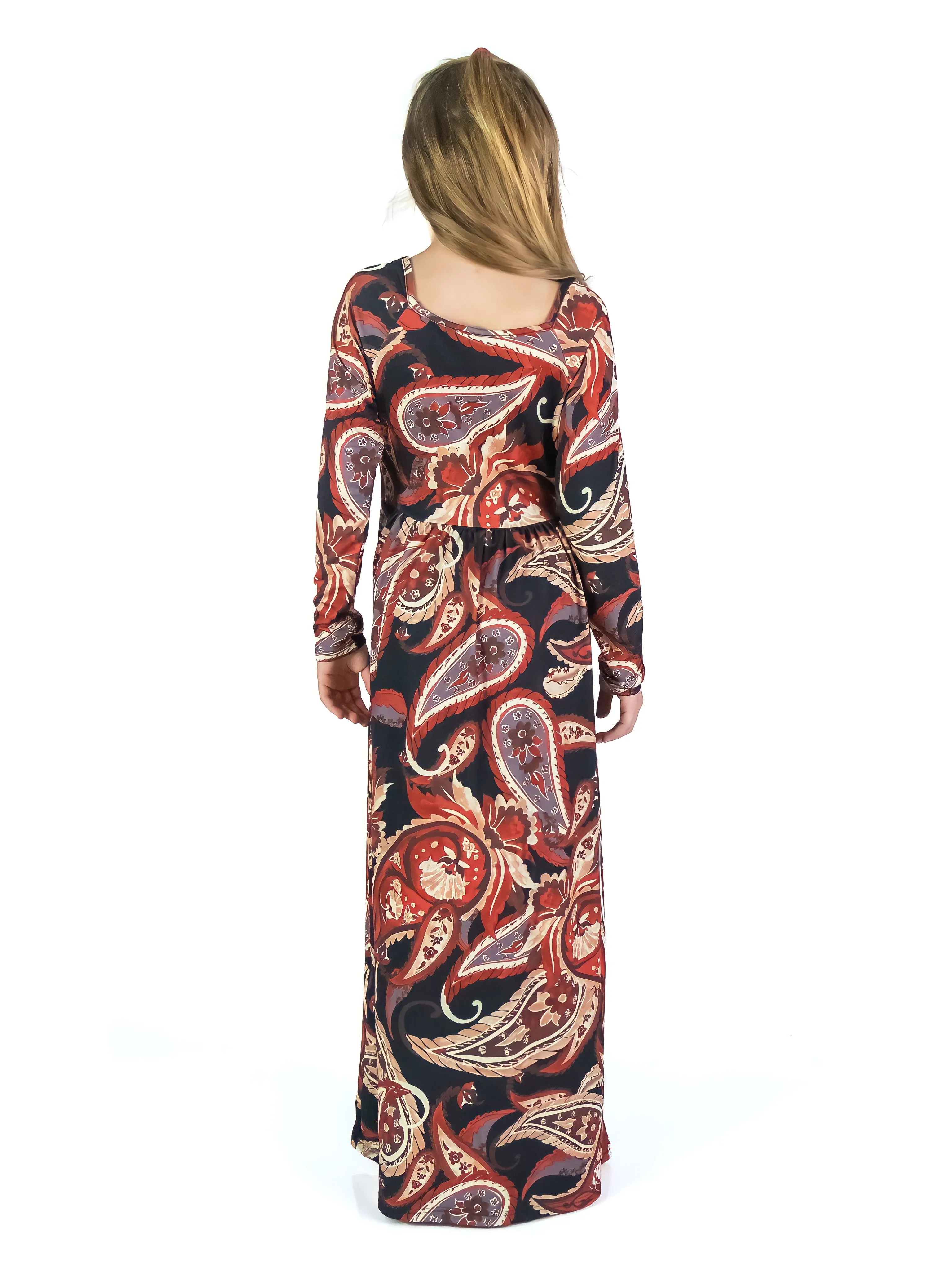 24seven Comfort Apparel Girls Black and Red Paisley Long Sleeve Pleated Maxi Dress