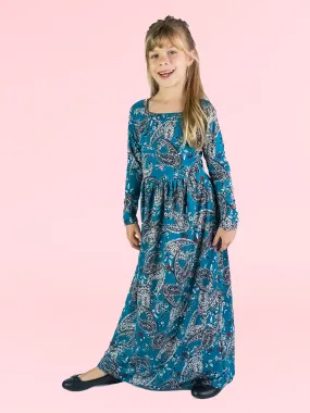 24seven Comfort Apparel Girls Blue Paisley Long Sleeve Pleated Maxi Dress