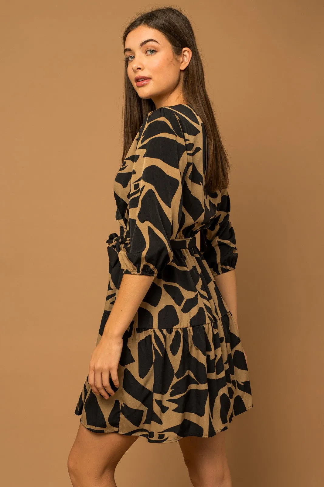 3/4 Sleeve Surplice Abstract Print Dress - Black/Taupe ONLY 1 SMALL LEFT