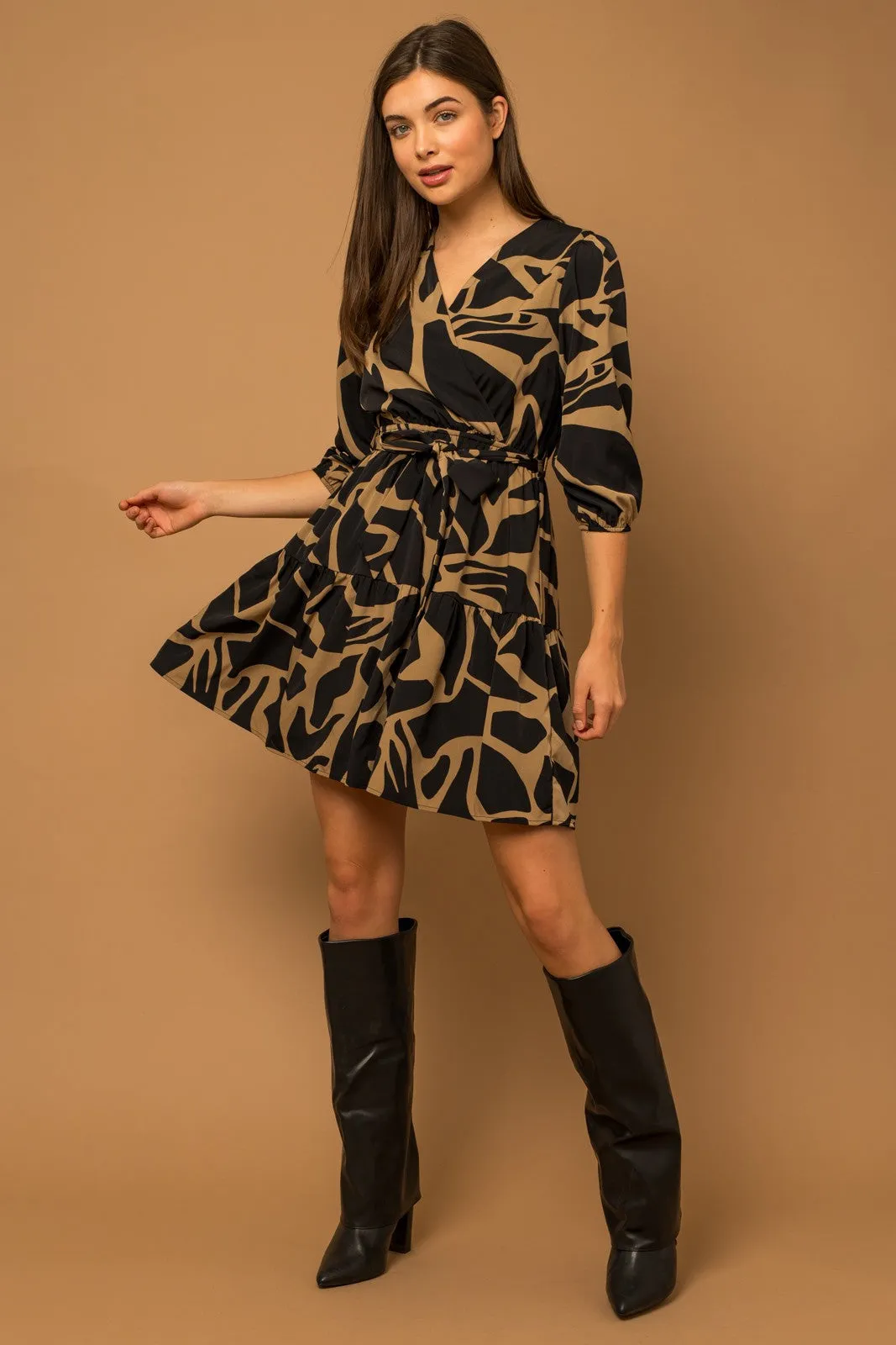 3/4 Sleeve Surplice Abstract Print Dress - Black/Taupe ONLY 1 SMALL LEFT