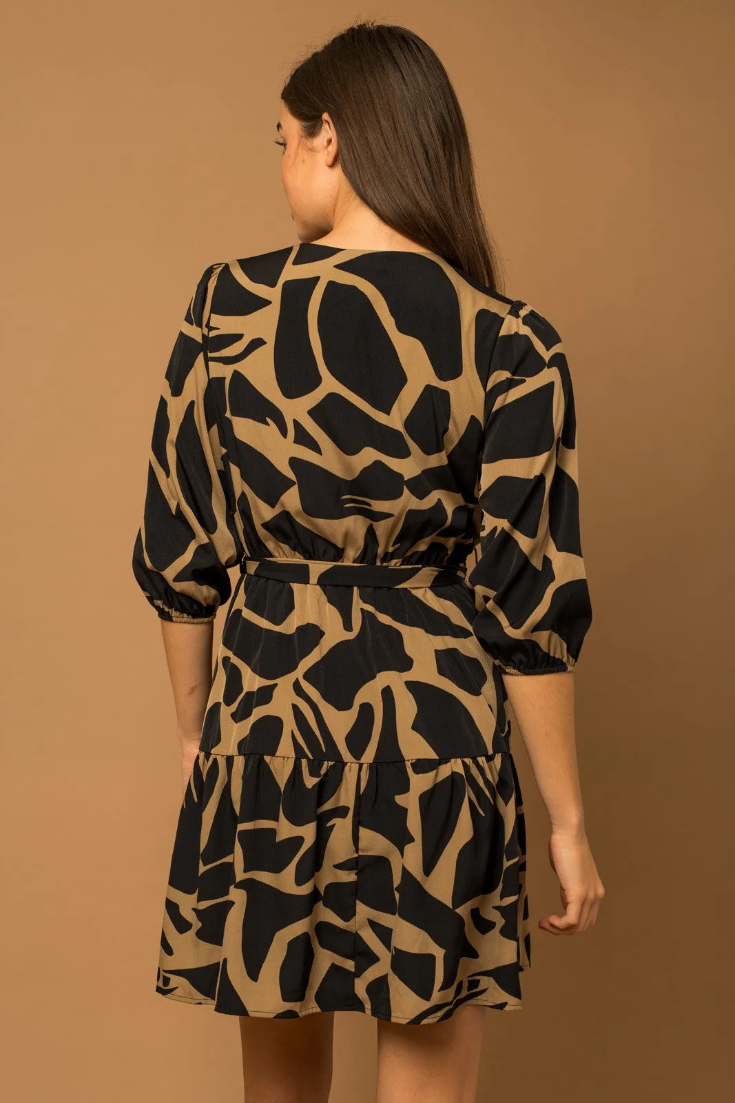 3/4 Sleeve Surplice Abstract Print Dress - Black/Taupe ONLY 1 SMALL LEFT