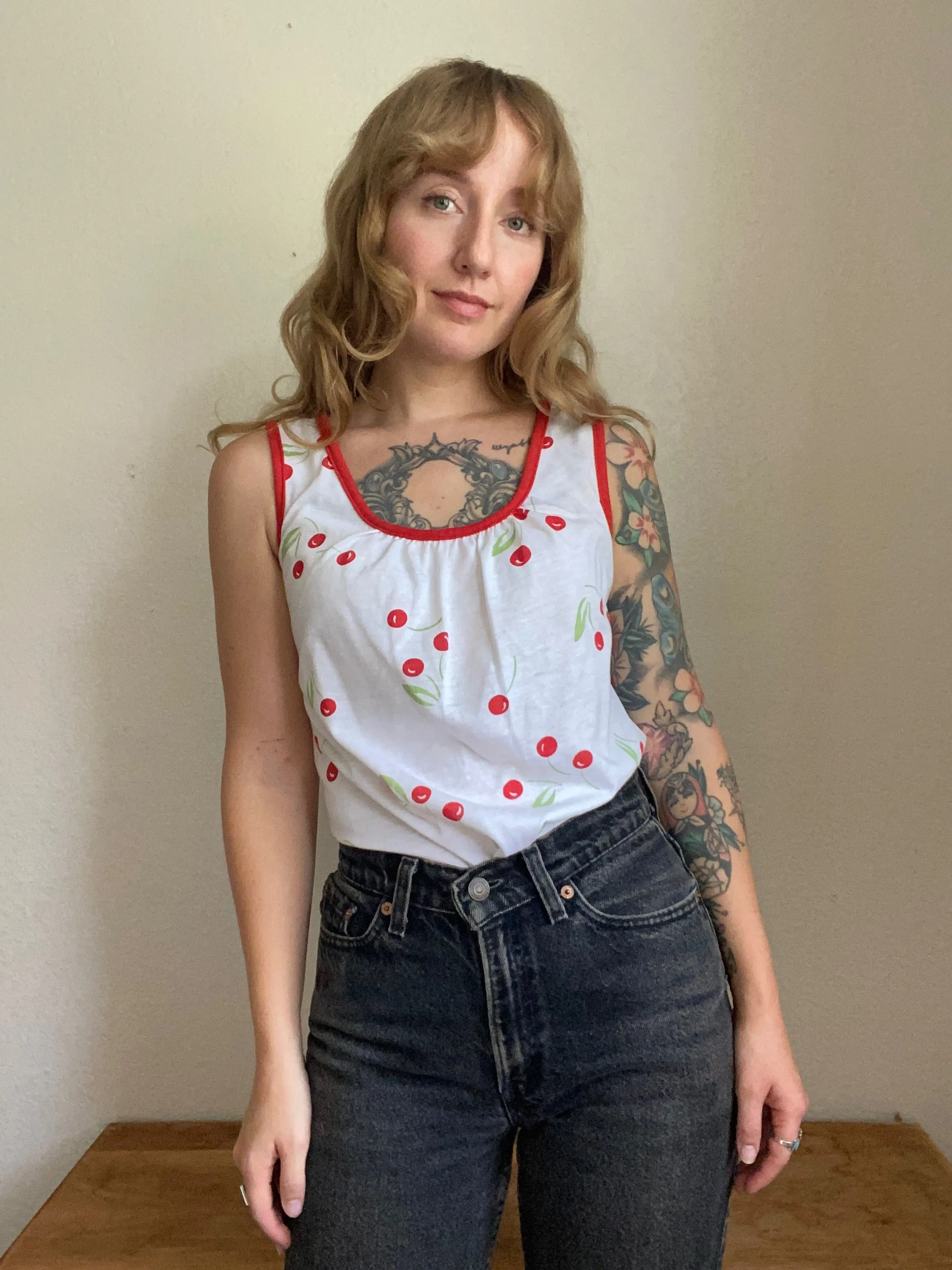 70s/80s cherry tank top and blouse set Medium