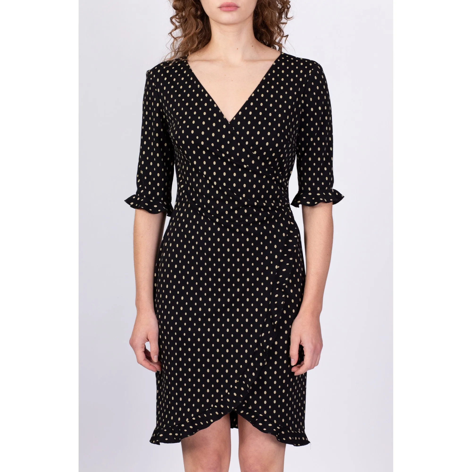 90s Polka Dot Mini Wrap Dress - Medium