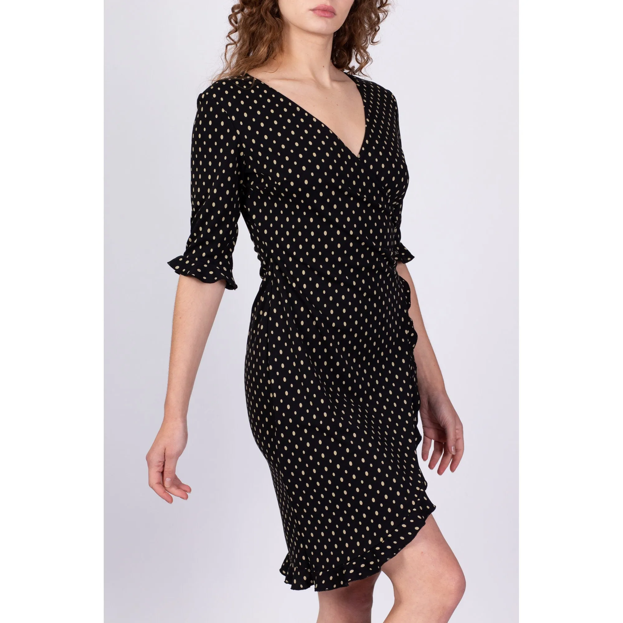 90s Polka Dot Mini Wrap Dress - Medium