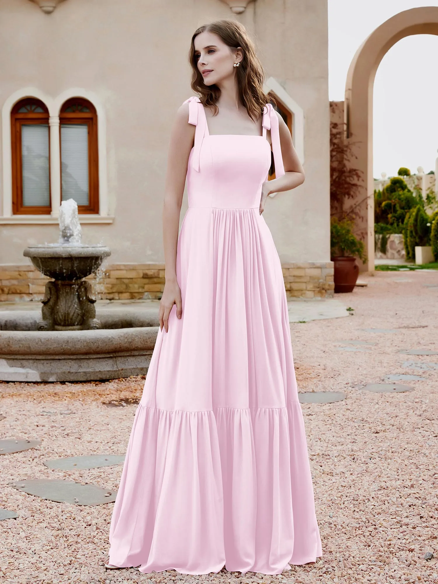 A-Line Bow Ruffle Sleeveless Chiffon Dress Blushing Pink