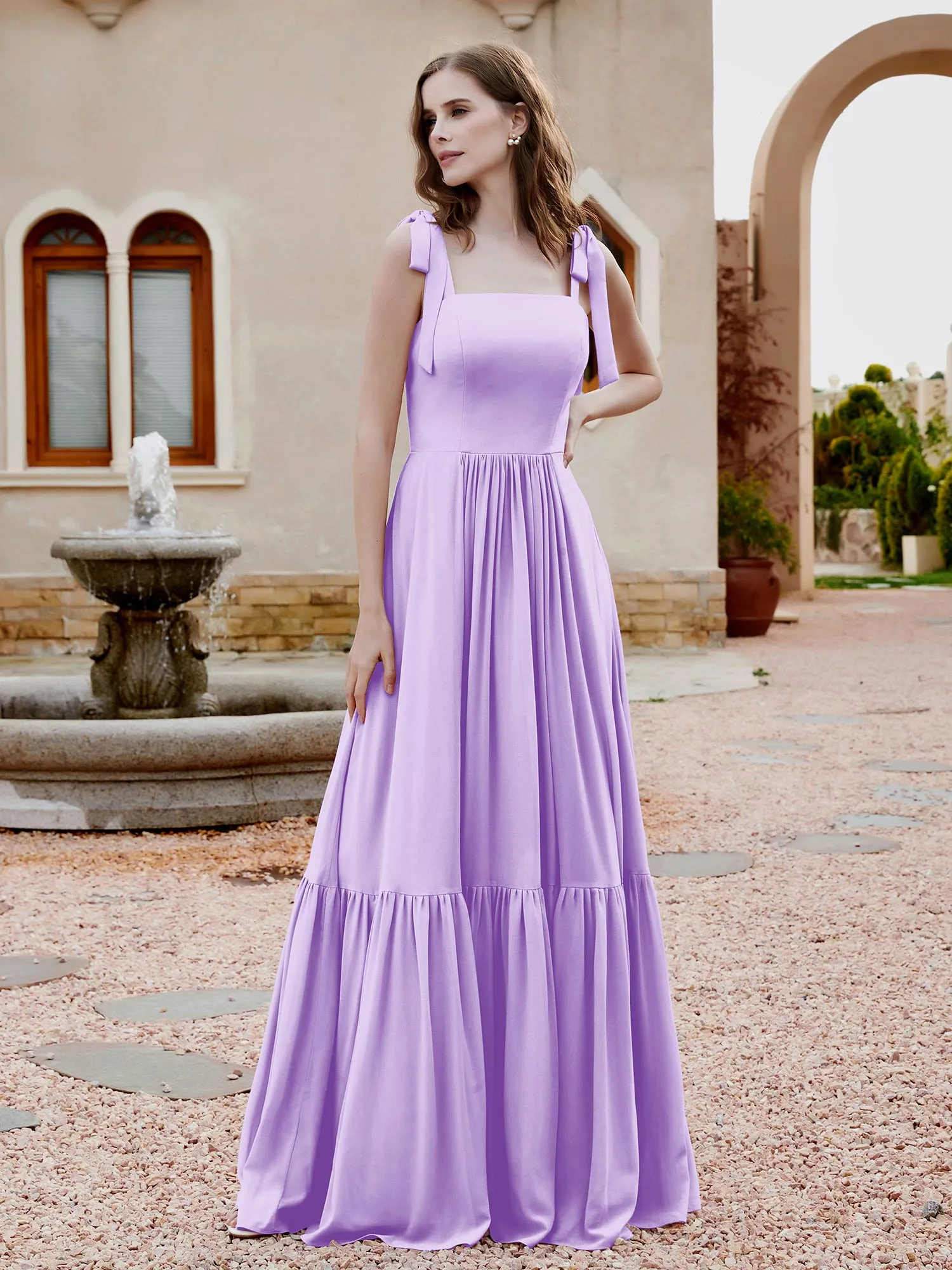 A-Line Bow Ruffle Sleeveless Chiffon Dress Lilac