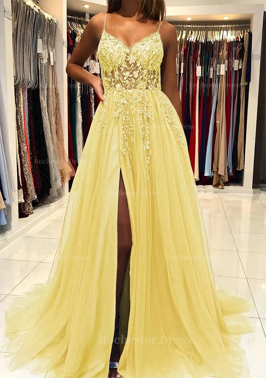 A-line V Neck Spaghetti Straps Sweep Train Tulle Prom Dress With Beading Sequins Split