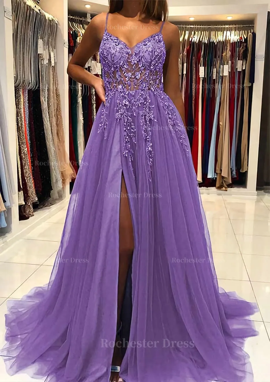 A-line V Neck Spaghetti Straps Sweep Train Tulle Prom Dress With Beading Sequins Split