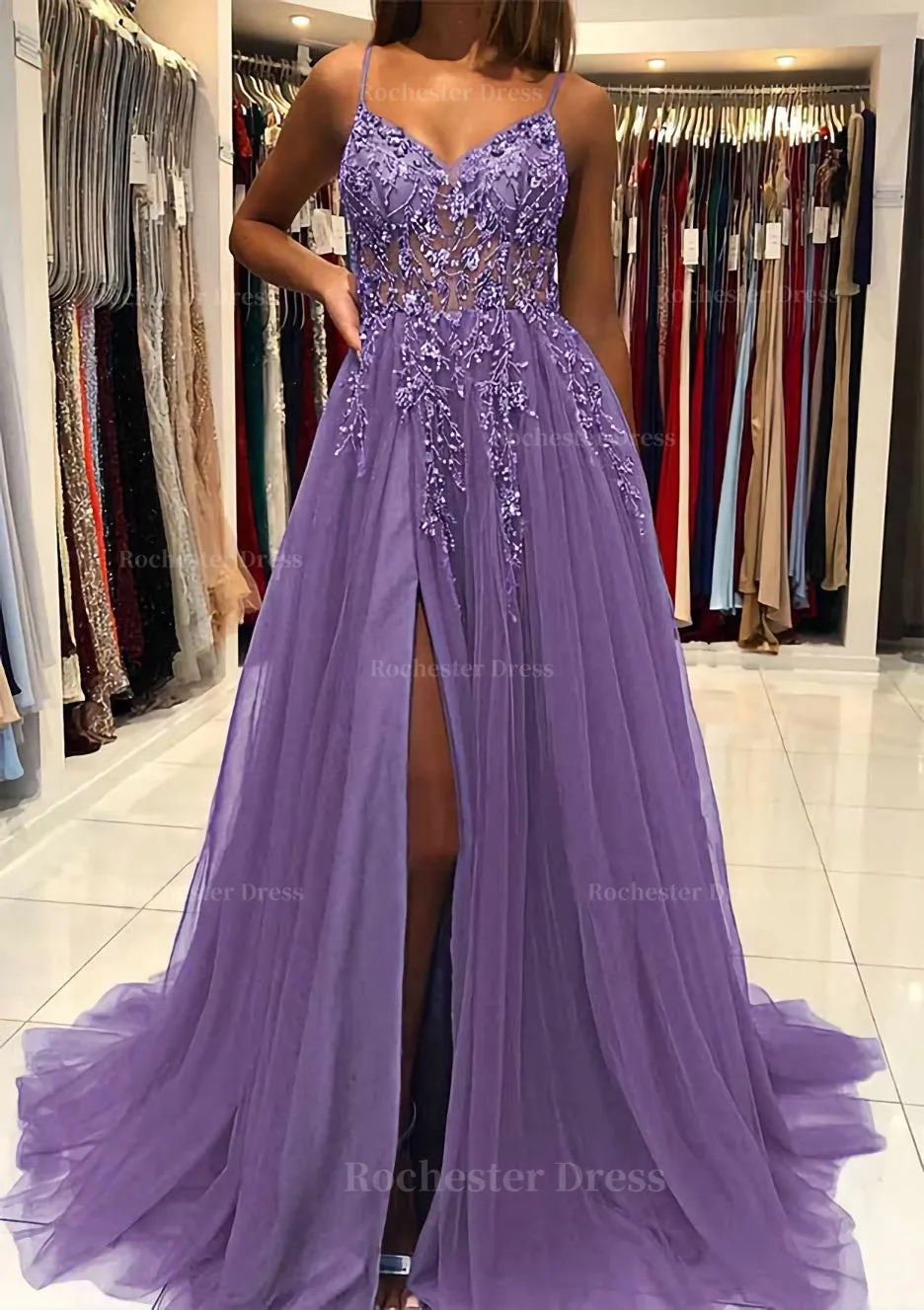 A-line V Neck Spaghetti Straps Sweep Train Tulle Prom Dress With Beading Sequins Split