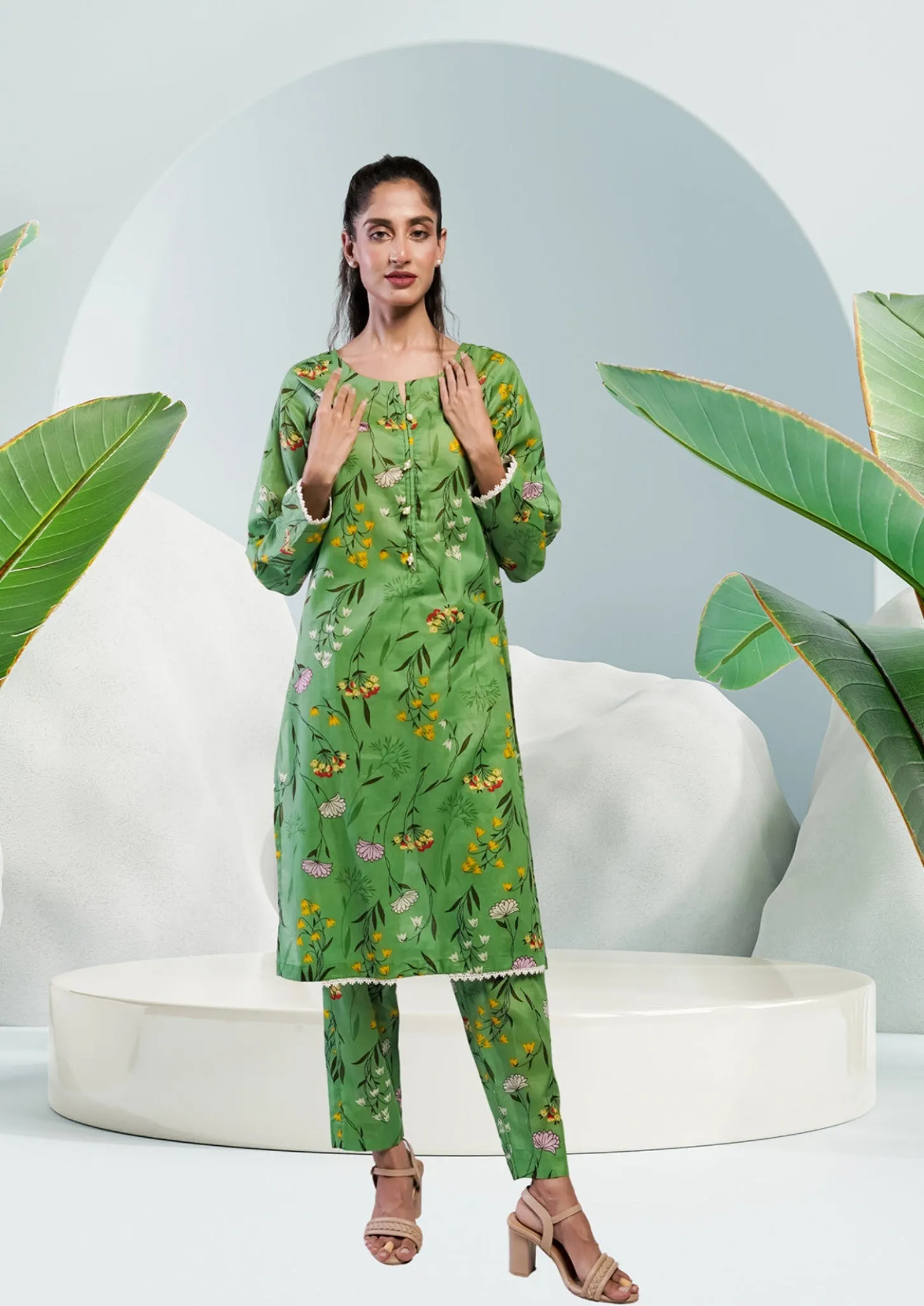 Ahlam Soft Cambric Stitched-Pastel Green Co-ord Set Collection'2024