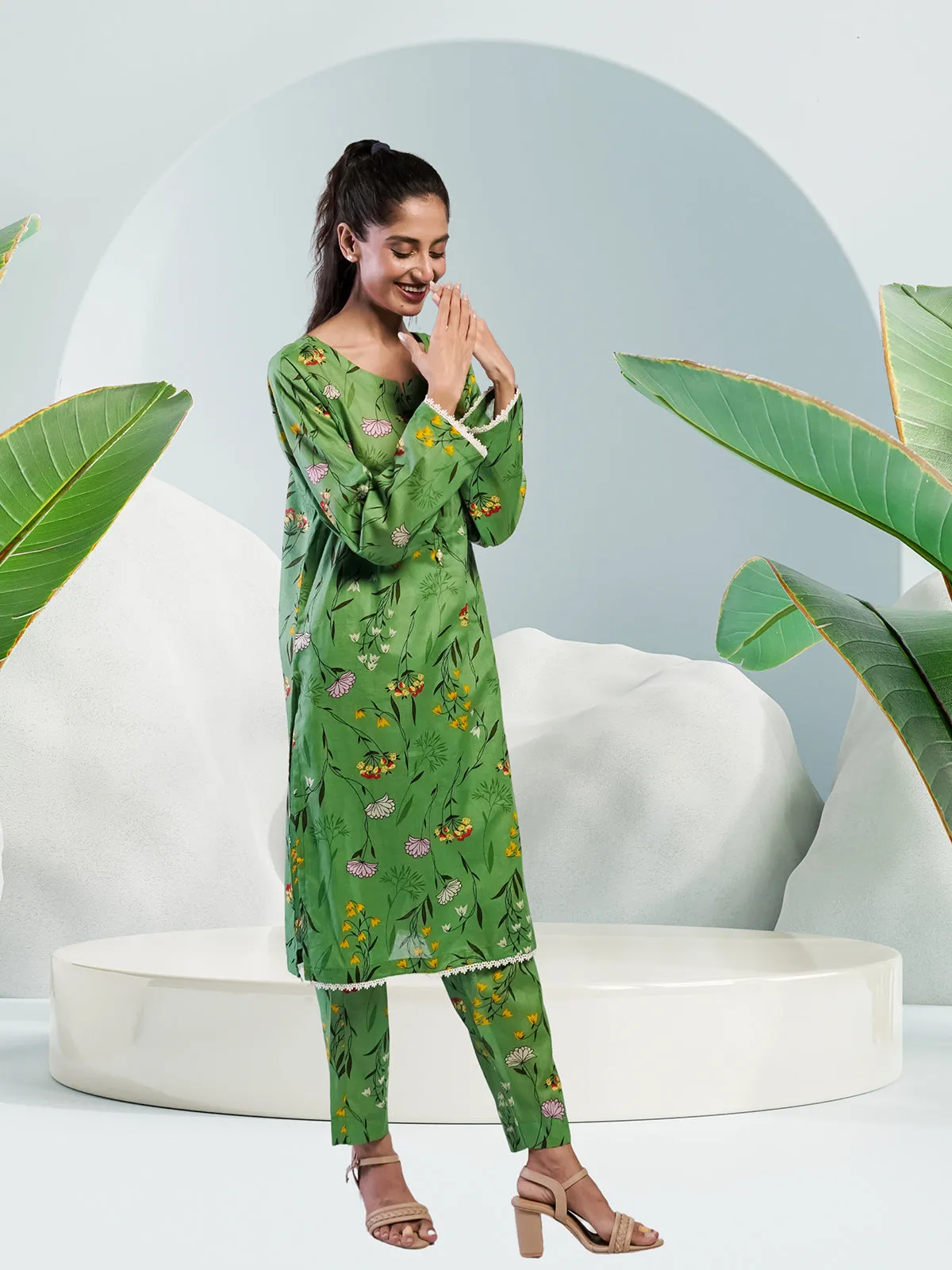 Ahlam Soft Cambric Stitched-Pastel Green Co-ord Set Collection'2024