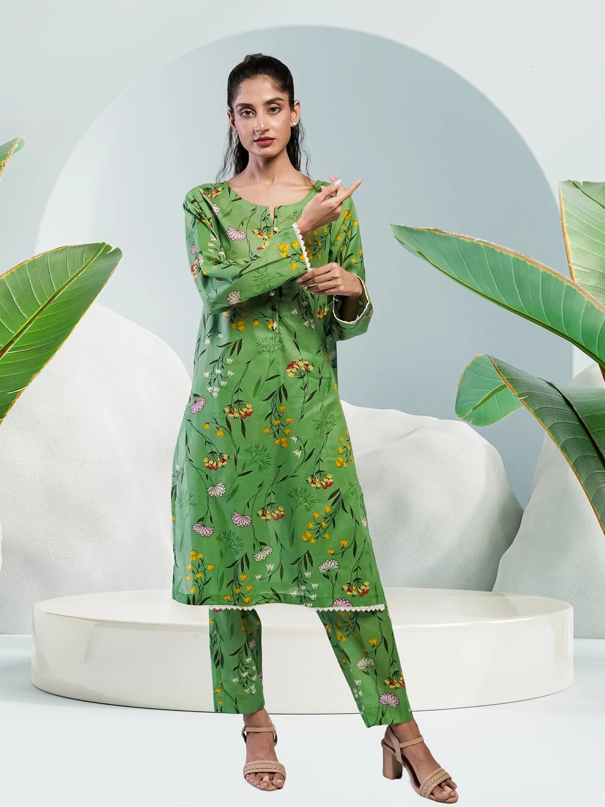 Ahlam Soft Cambric Stitched-Pastel Green Co-ord Set Collection'2024