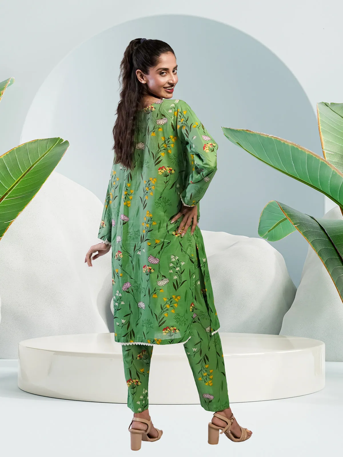 Ahlam Soft Cambric Stitched-Pastel Green Co-ord Set Collection'2024