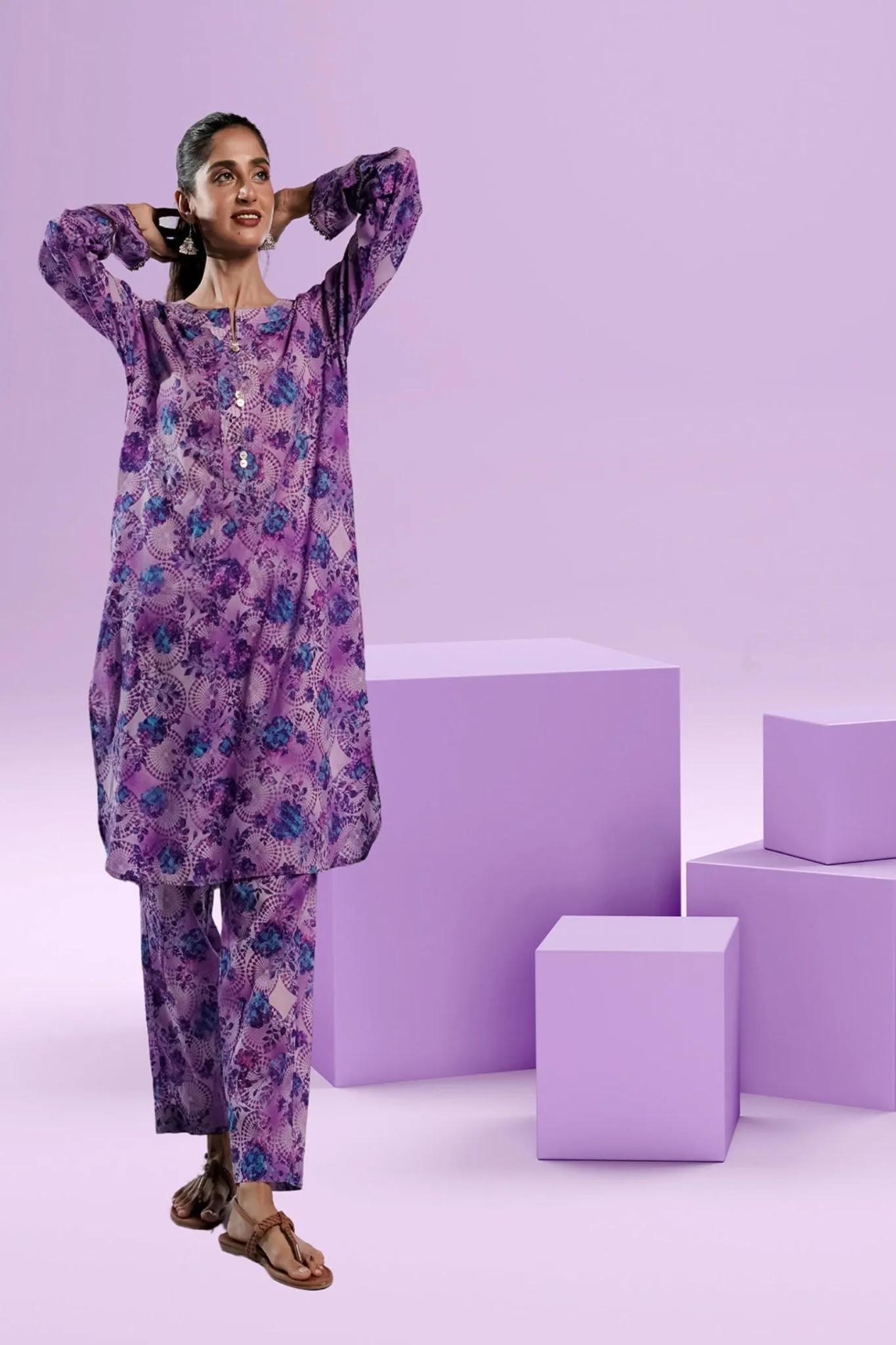 Ahlam Soft Cambric Stitched-Periwinkle Co-Ord Set Collection'2024