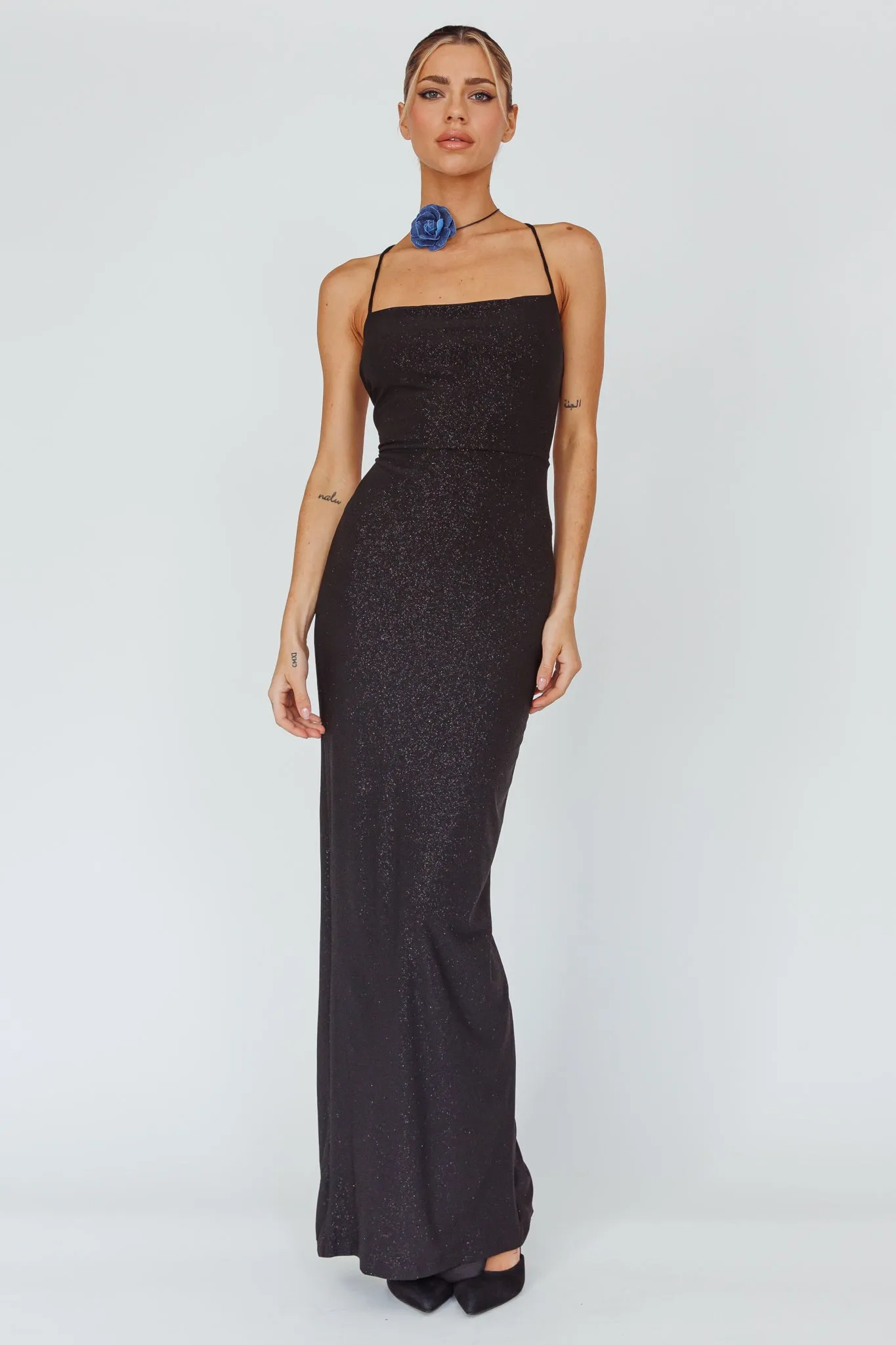 Ailani Lace-Up Back Maxi Dress Sparkle Black