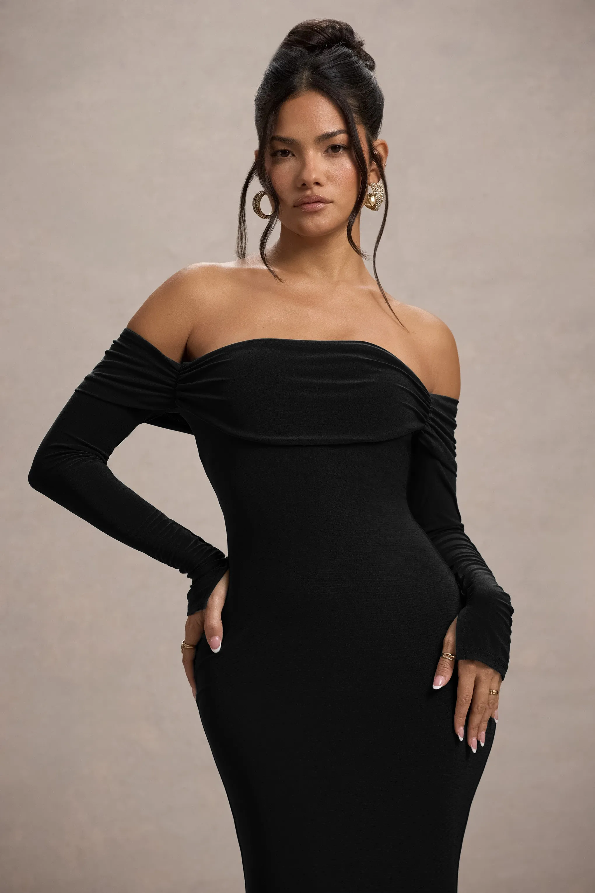 Amaia | Black Bardot Long-Sleeve Maxi Dress