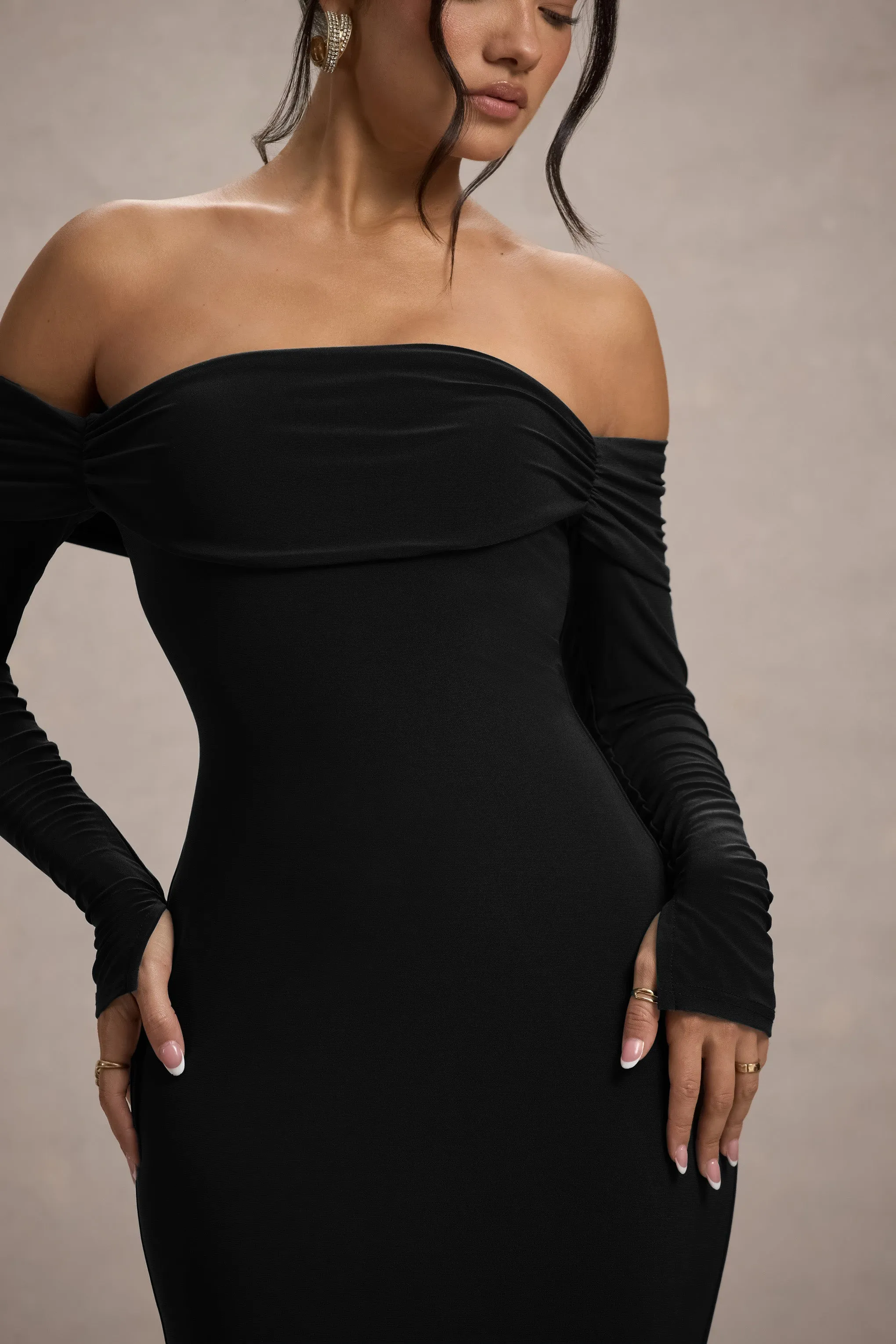 Amaia | Black Bardot Long-Sleeve Maxi Dress