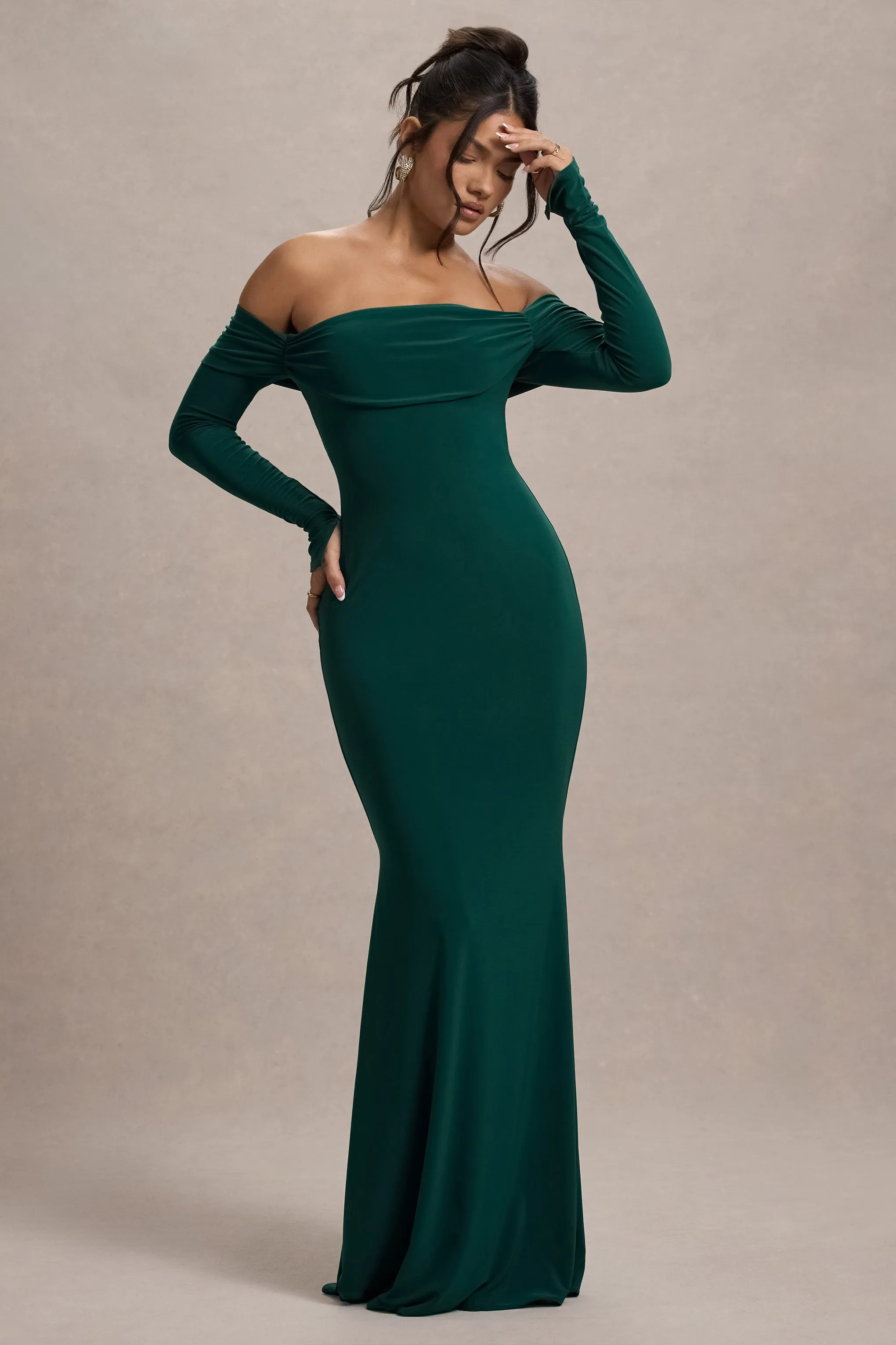 Amaia | Bottle Green Bardot Long-Sleeve Maxi Dress