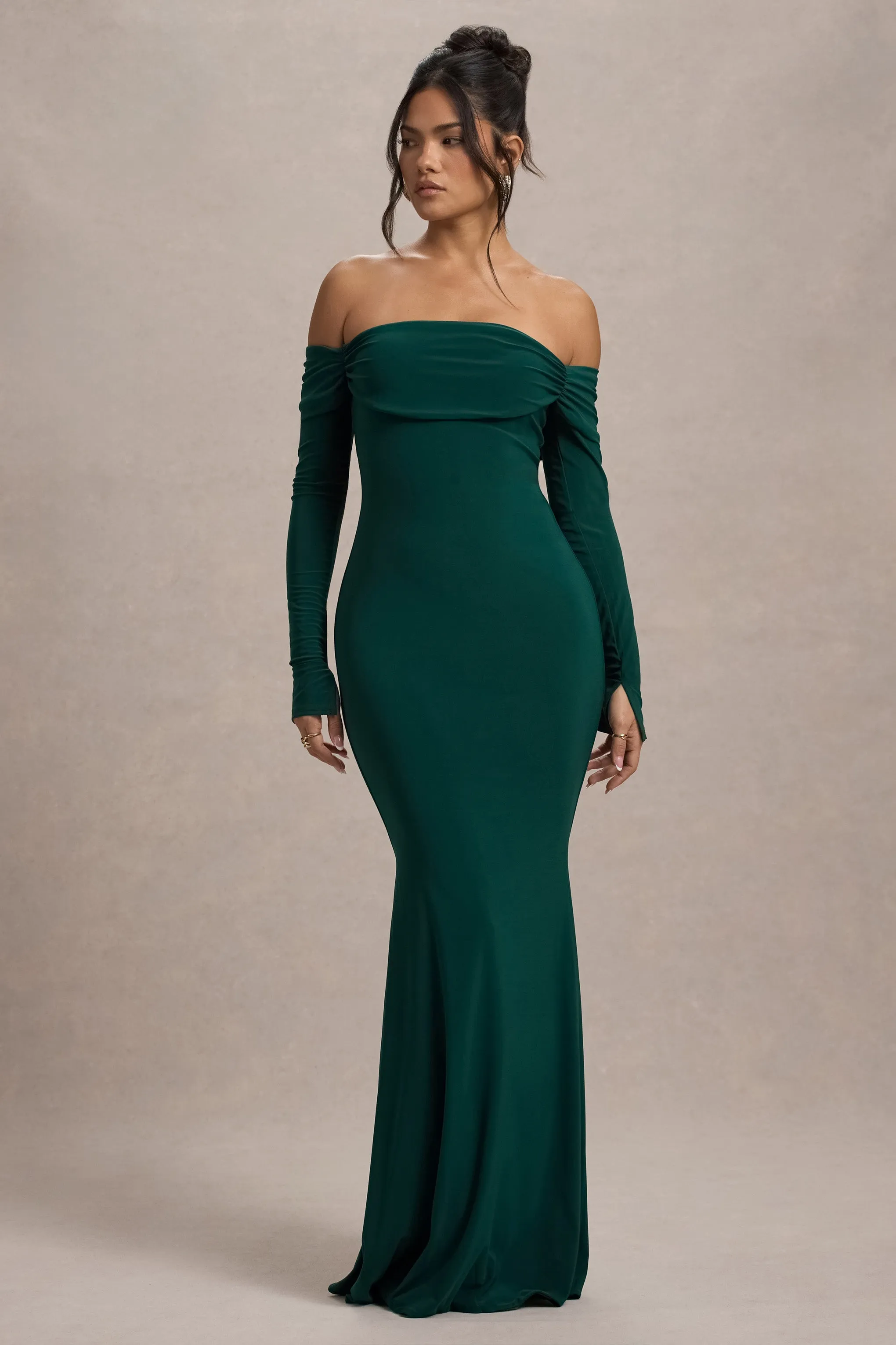 Amaia | Bottle Green Bardot Long-Sleeve Maxi Dress