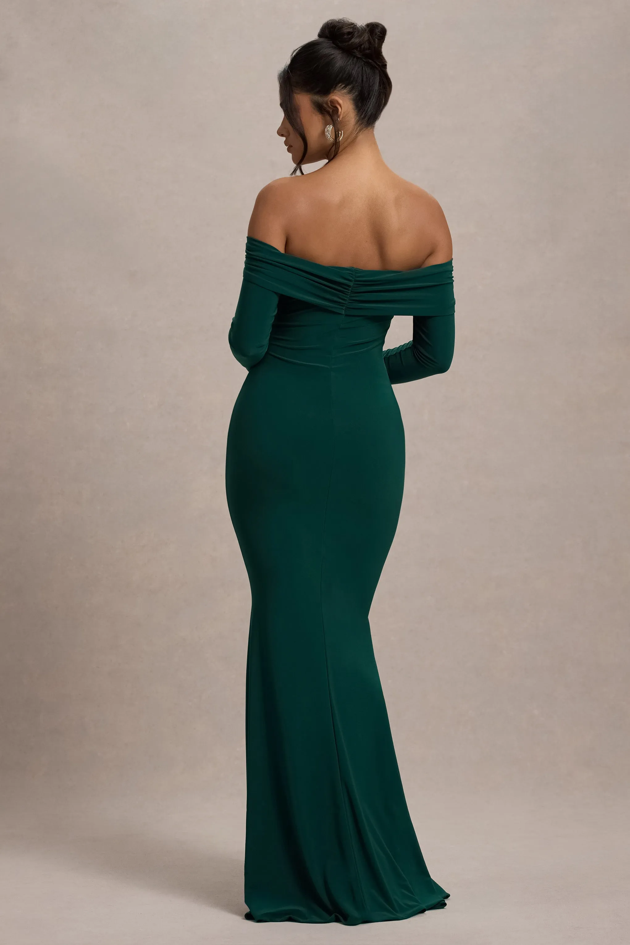 Amaia | Bottle Green Bardot Long-Sleeve Maxi Dress