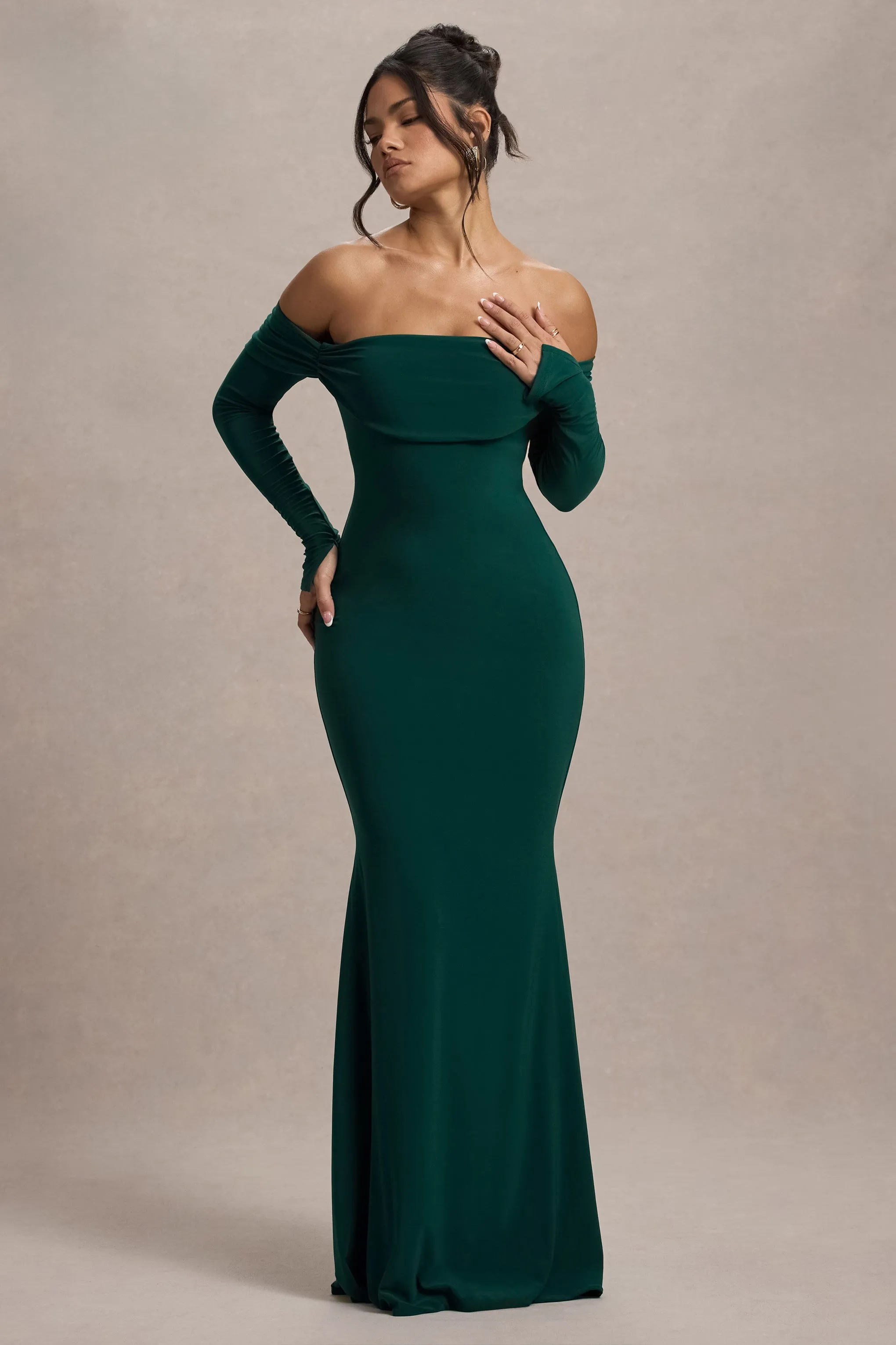 Amaia | Bottle Green Bardot Long-Sleeve Maxi Dress