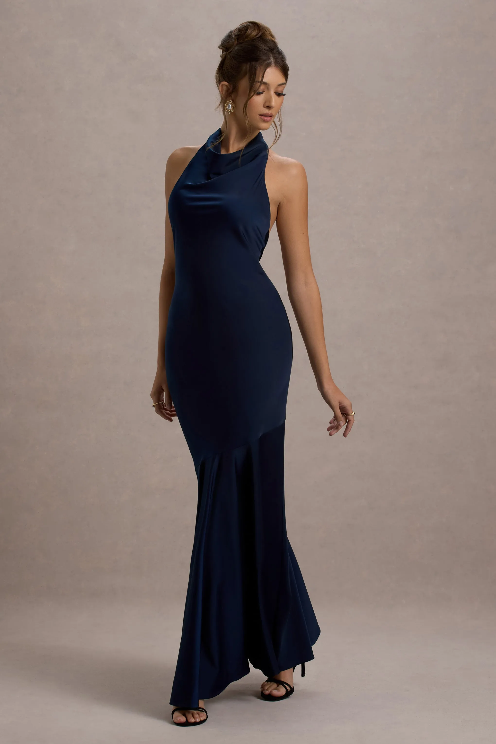 Amelita | Navy Satin Cowl-Neck Fishtail Maxi Dress