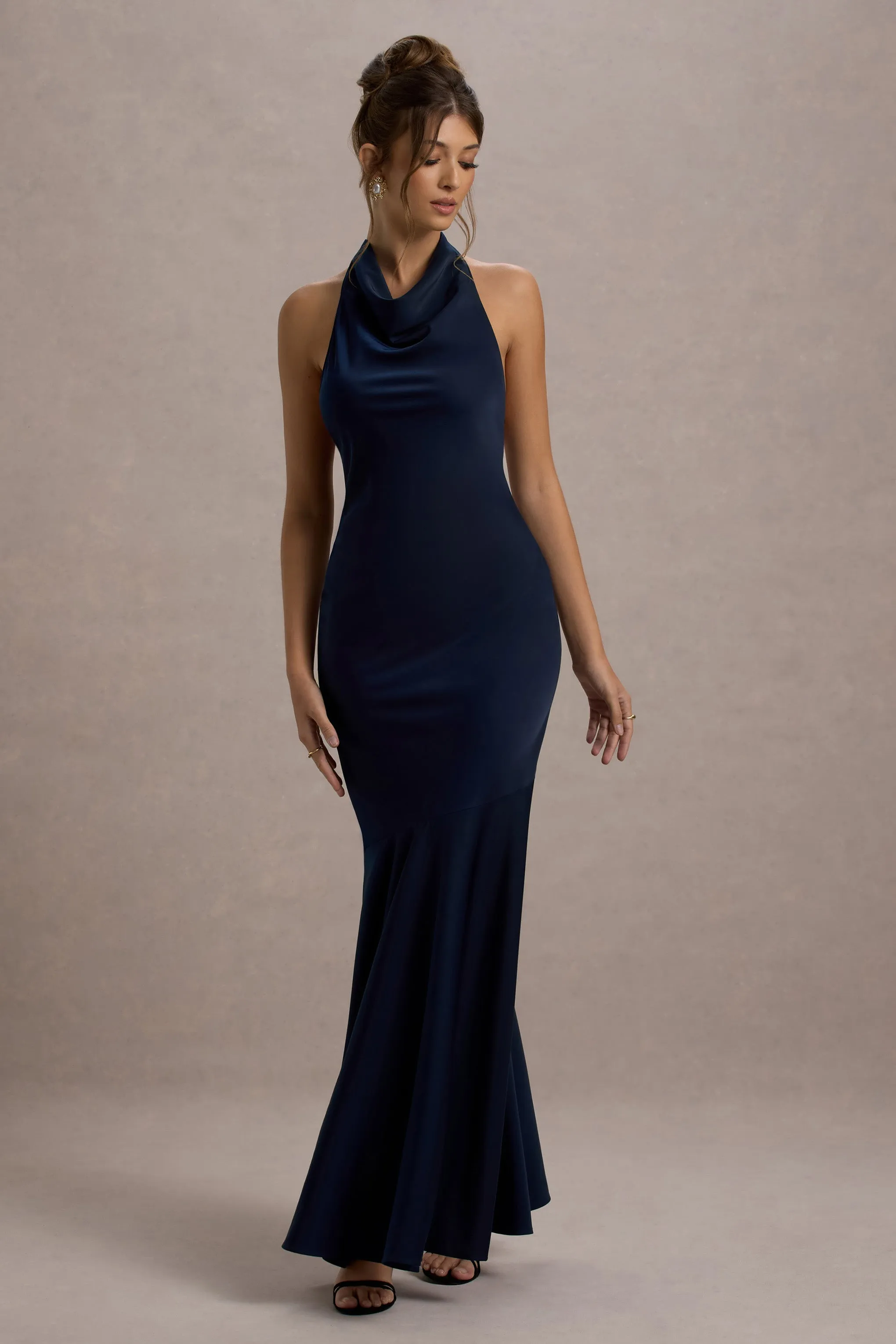 Amelita | Navy Satin Cowl-Neck Fishtail Maxi Dress