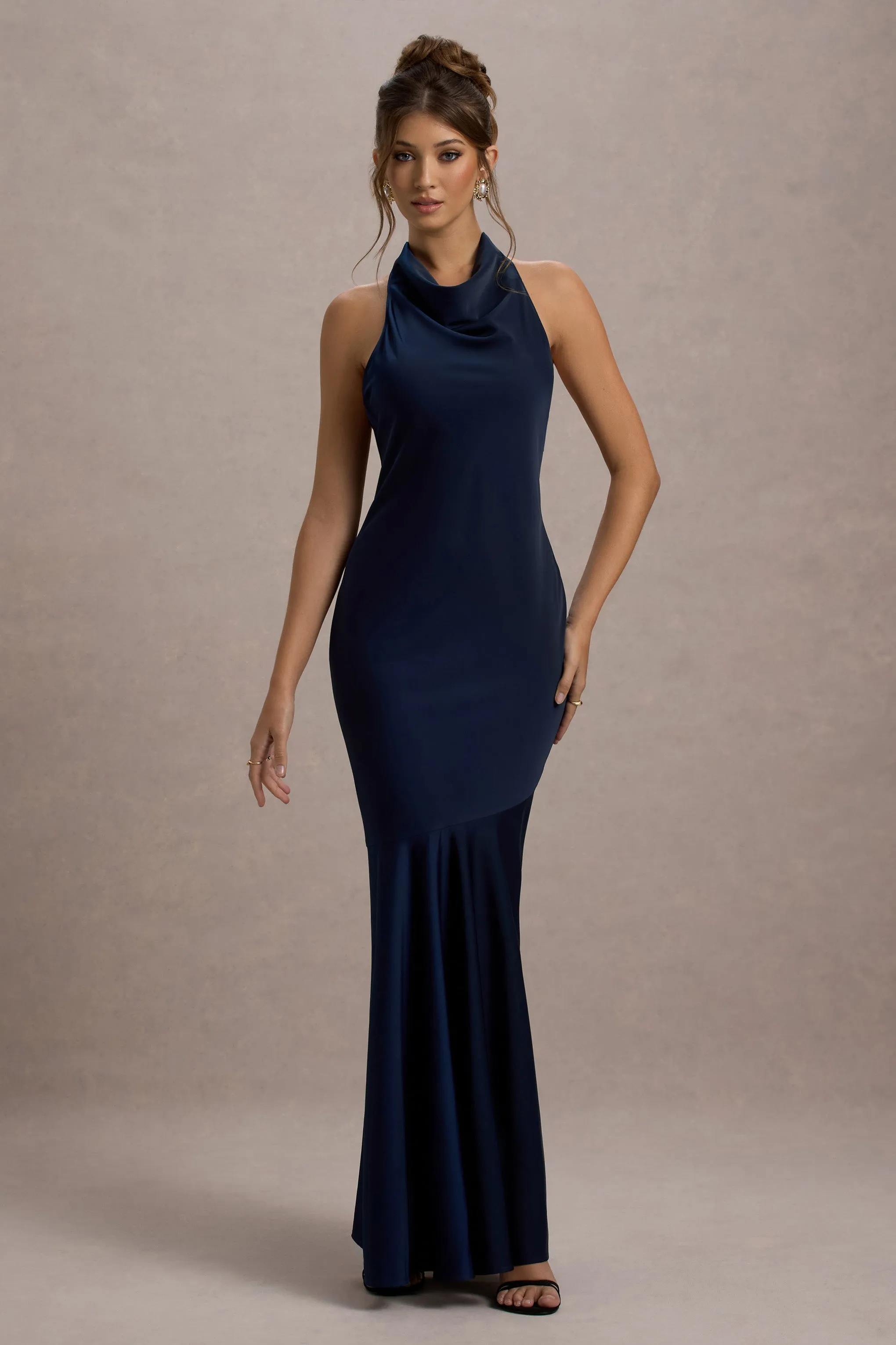 Amelita | Navy Satin Cowl-Neck Fishtail Maxi Dress