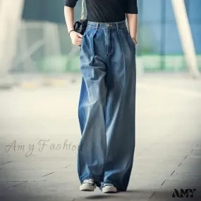 Amy Fashion - 85kg Oversize High Waist Denim Baggy Wide Leg Wash Mother Spring Korean Vintage Straight Streetwear Jean