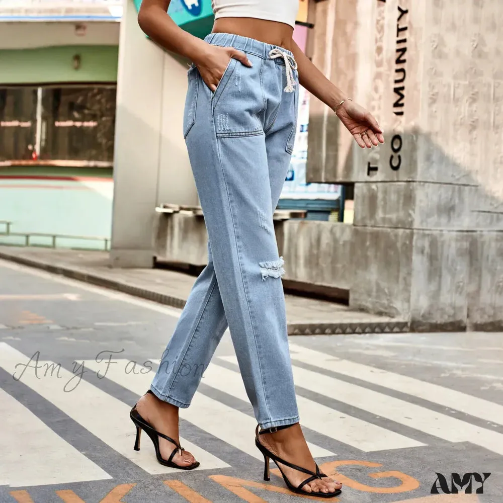 Amy Fashion - New Ripped Drawstring Elastic Waist Vintage Casual Fashion Baggy Denim Jean