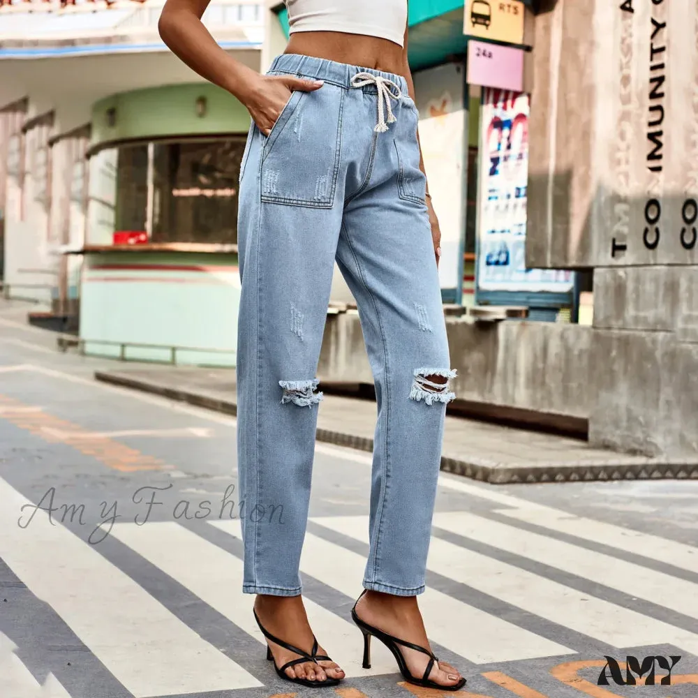 Amy Fashion - New Ripped Drawstring Elastic Waist Vintage Casual Fashion Baggy Denim Jean