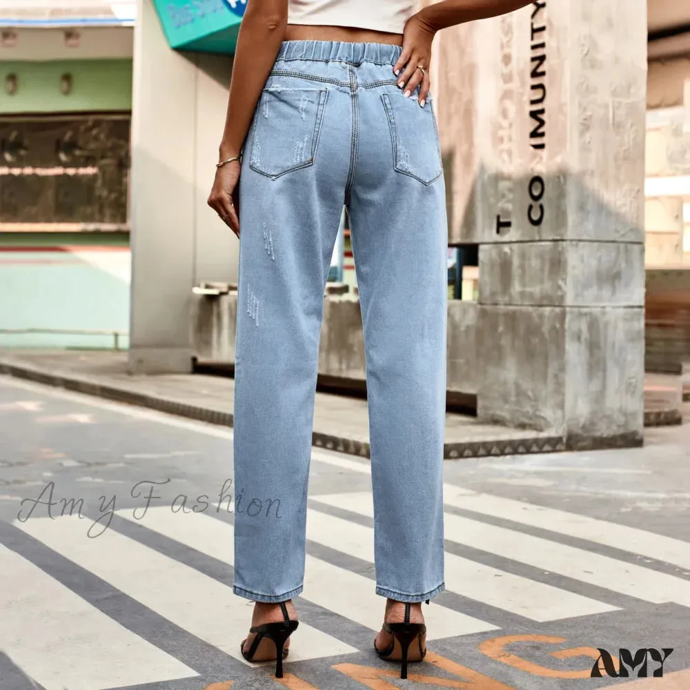 Amy Fashion - New Ripped Drawstring Elastic Waist Vintage Casual Fashion Baggy Denim Jean