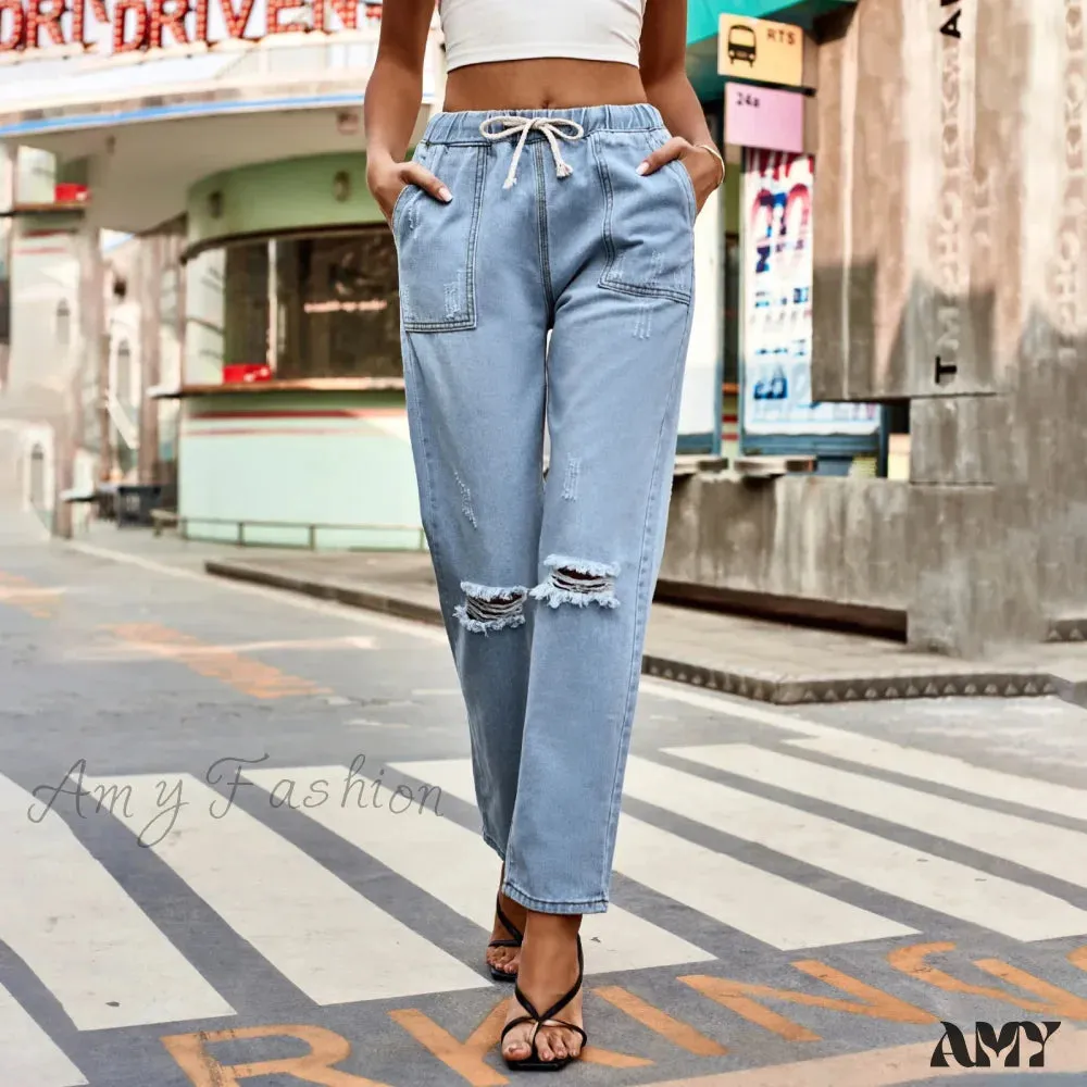 Amy Fashion - New Ripped Drawstring Elastic Waist Vintage Casual Fashion Baggy Denim Jean