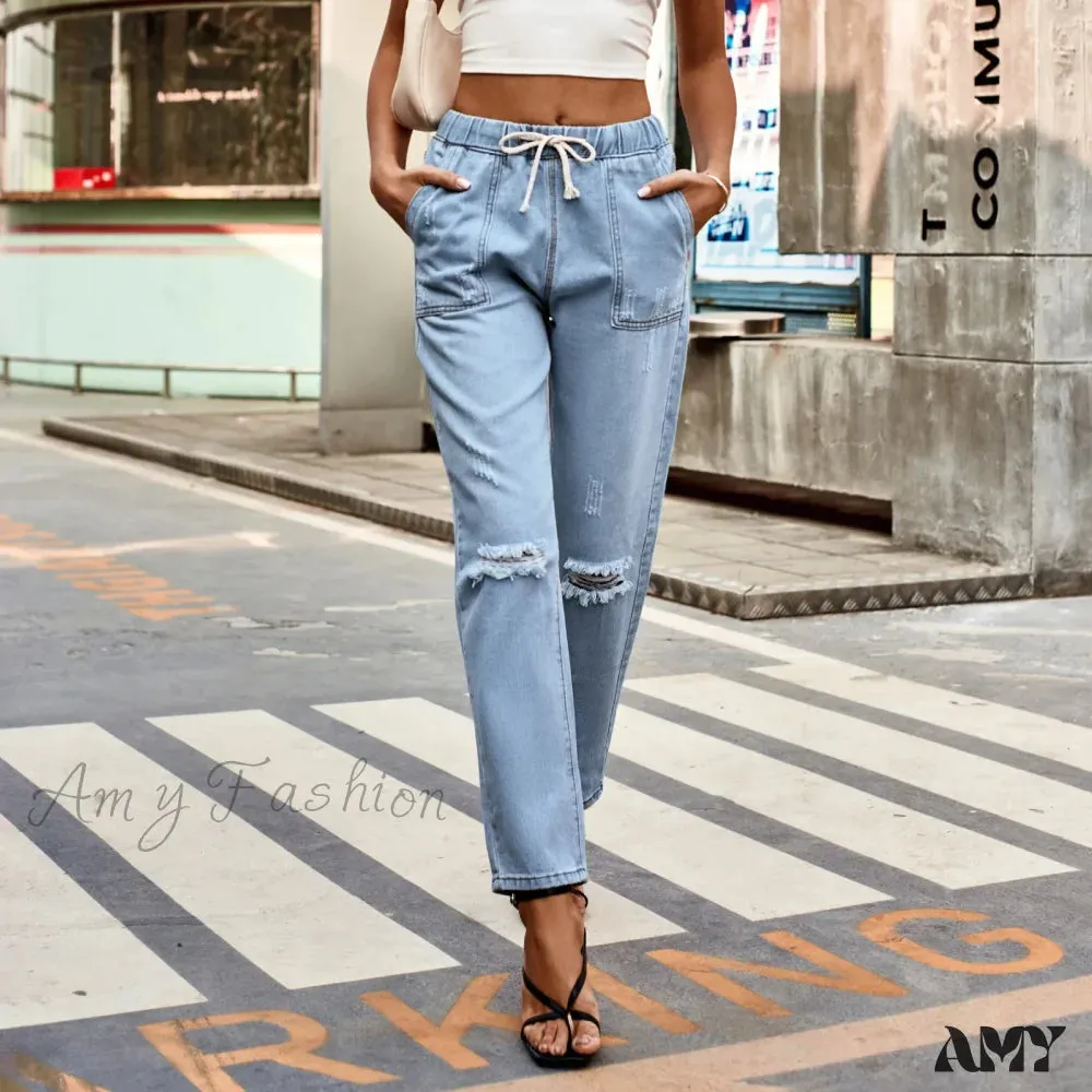 Amy Fashion - New Ripped Drawstring Elastic Waist Vintage Casual Fashion Baggy Denim Jean